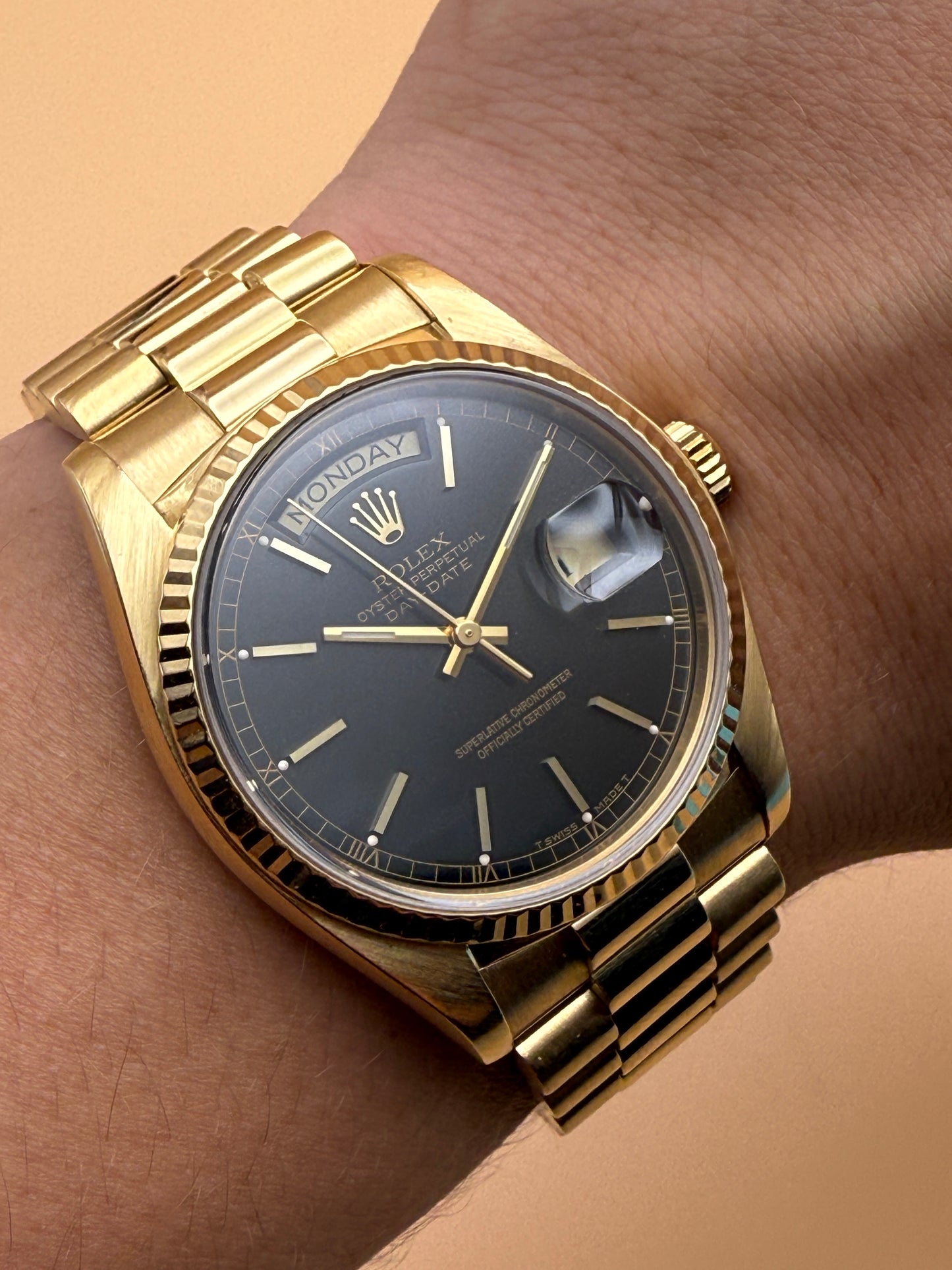 Rolex Day-Date 18038 6.2M Black Index Dial Watch and RSC