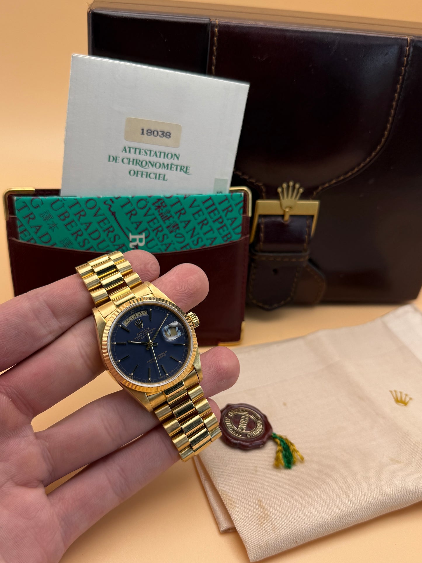 Rolex Day Date 18038 9.6M Serial Blue Dial Box and Papers