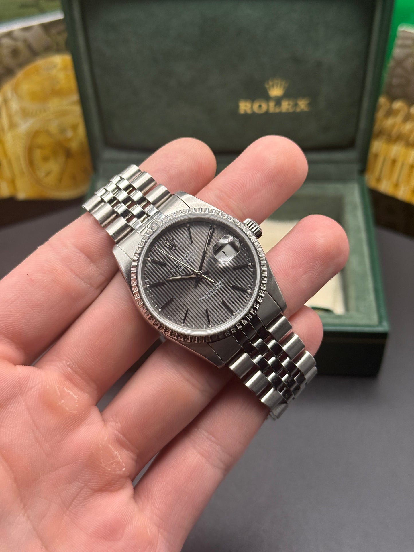 Rolex DateJust 16220 X Serial Grey Tapestry Box and Papers