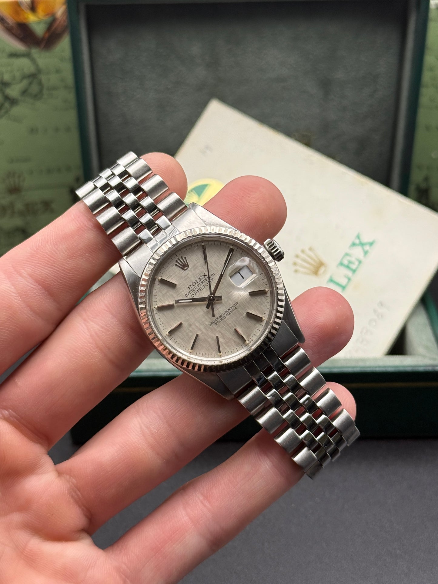 Rolex DateJust 16014 8.4M Serial Linen Dial Box and Papers